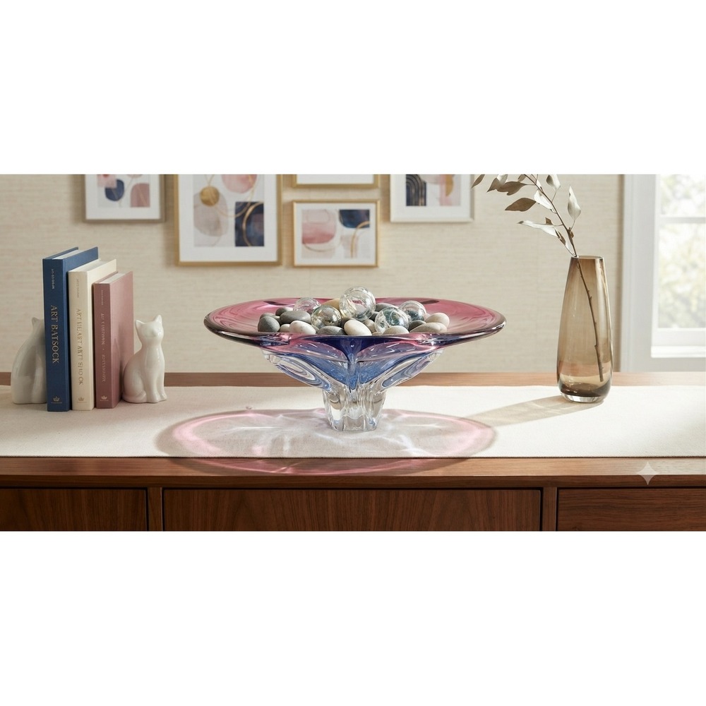 Vintage Czech Sommerso Art Glass Pedestal Bowl Pink Blue MCM Centerpiece